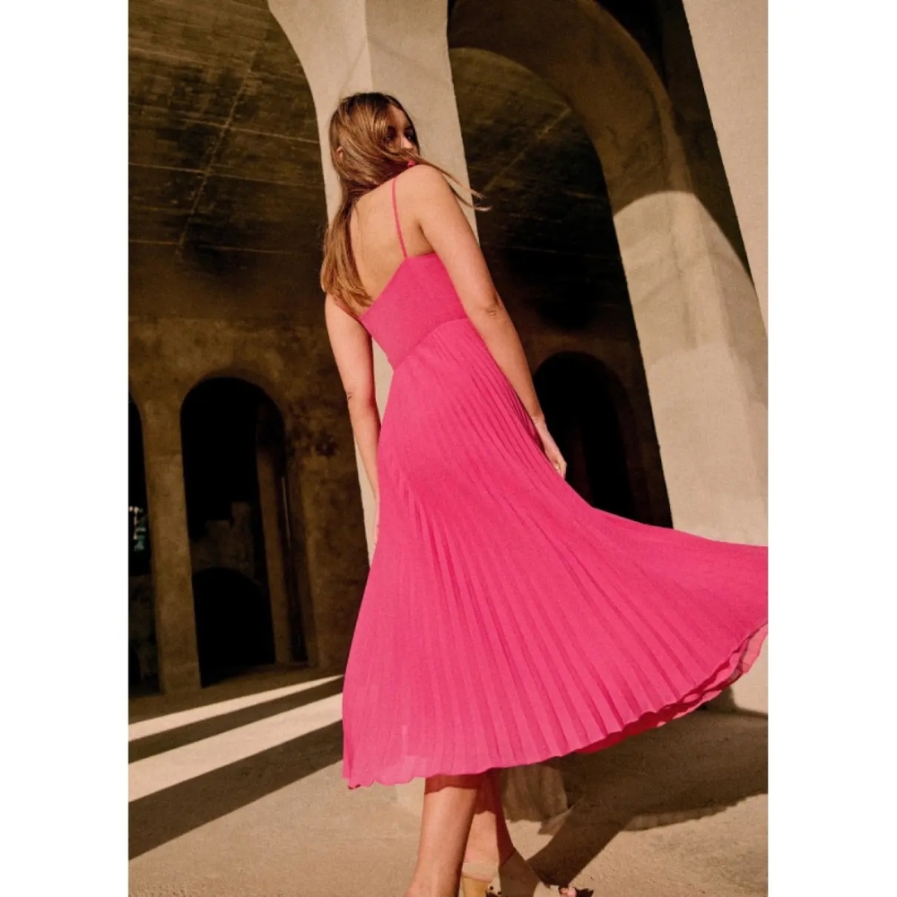 Sezane Pink Pleated Backless Sundress for Weddings, Sz.Fr.44~Us.12